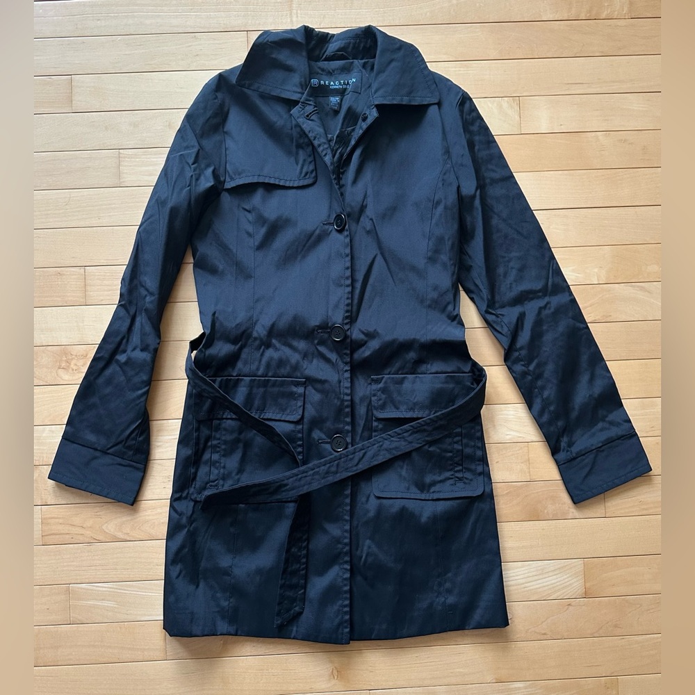 VINTAGE black belted trench coat • minimalist Kenneth Cole Reaction • xs - Picture 6 of 13